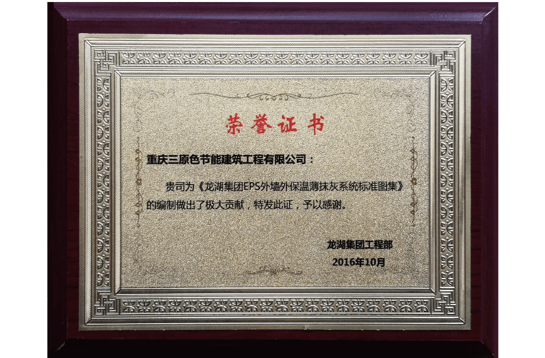 龍湖集團EPS外保溫薄抹灰系統標準圖集編制貢獻獎